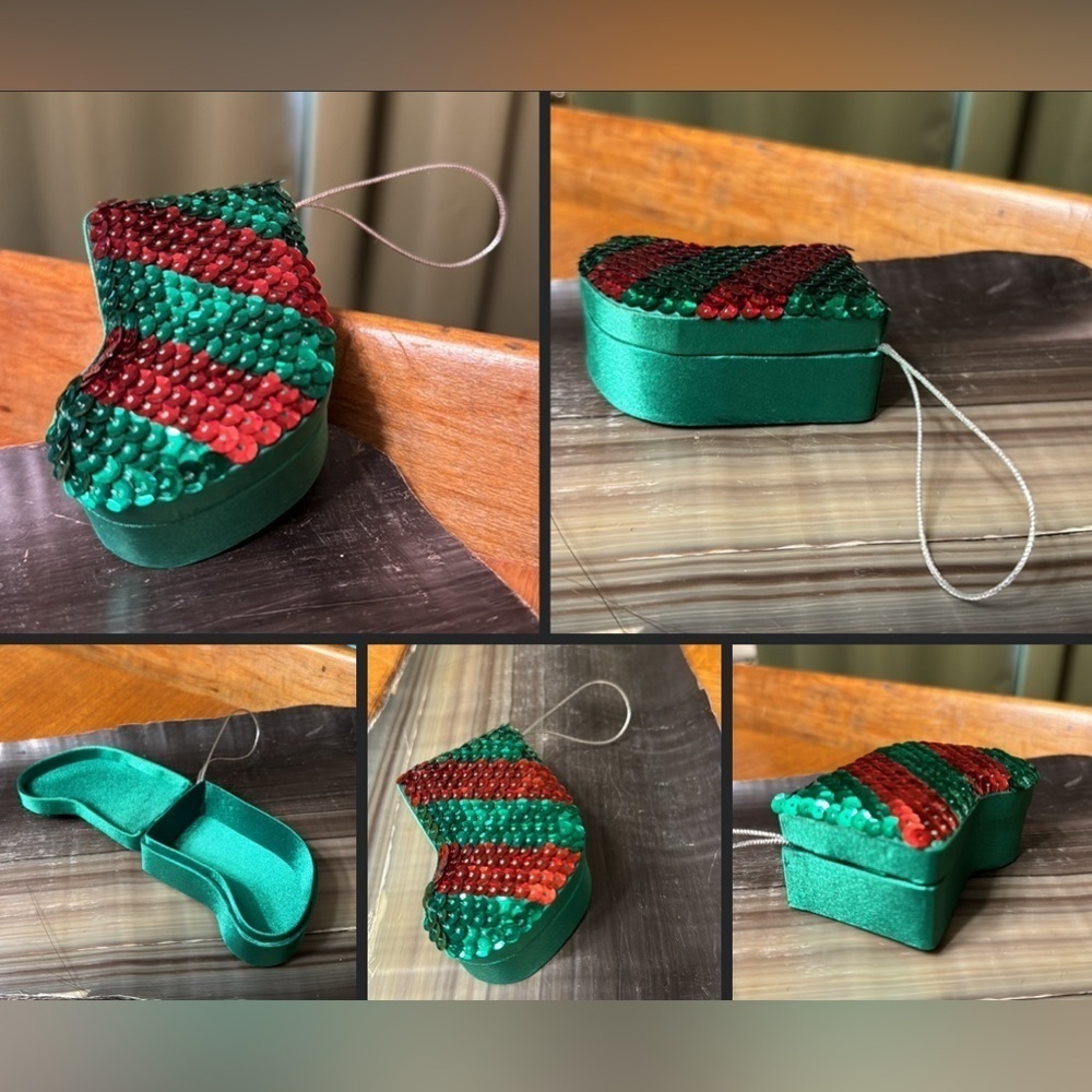 Vintage Sequin Christmas Stocking Gift Box Ornament Mini Christmas Box Ornament